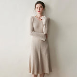 Womens Ribbed V-Neck Cashmere Midi Dress with Flared Sleeves Beige XS