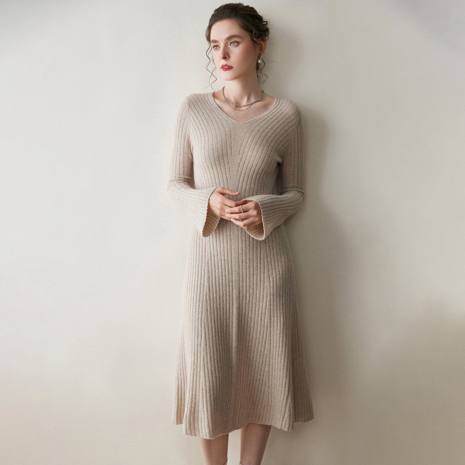 Womens Ribbed V-Neck Cashmere Midi Dress with Flared Sleeves Beige XS