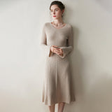 Womens Ribbed V-Neck Cashmere Midi Dress with Flared Sleeves Beige XS