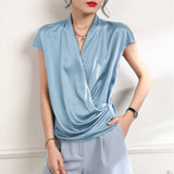 Womens Short Sleeves Wrap Silk Blouse Tops - slipintosoft