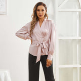 Pure Silk Blouse For Womens 22MM Silk Shirts Silk Long Sleeves Top With A Belt - slipintosoft