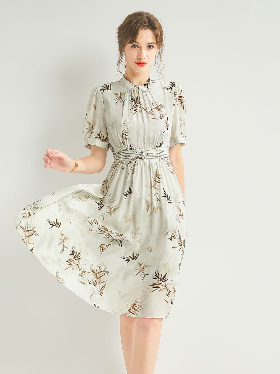 Womens Silk Chiffon Midi Dress Bamboo Print Green Silk Dress Smocked Waist