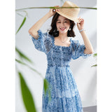 Womens Silk Chiffon Midi Dress Smocked Bodice Vintage Floral Blue Silk Dress