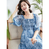 Womens Silk Chiffon Midi Dress Smocked Bodice Vintage Floral Blue Silk Dress