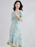 Womens Silk Floral Dress with Waist Tie Puff Sleeve Silk Midi Dress Blue XS