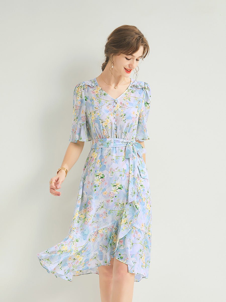 Womens Silk Floral Midi Dress Tie Waist Ruffle Hem Blue Silk Dress