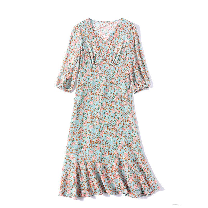 Womens Silk Floral Midi Dress V - Neck Sheer Sleeve Green Silk Dress
