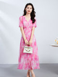 Womens Silk Midi Dress Puff Sleeves Long Silk Dress Watercolor Print Silk Dress Pink XS