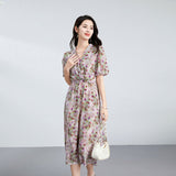 Womens Silk Midi Dress Wrap V - Neck Puff Sleeves Silk Floral Dress