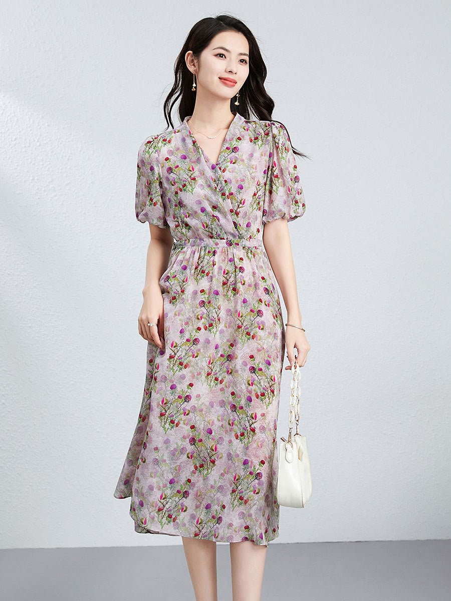 Womens Silk Midi Dress Wrap V - Neck Puff Sleeves Silk Floral Dress