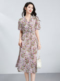 Womens Silk Midi Dress Wrap V - Neck Puff Sleeves Silk Floral Dress
