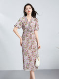 Womens Silk Midi Dress Wrap V - Neck Puff Sleeves Silk Floral Dress