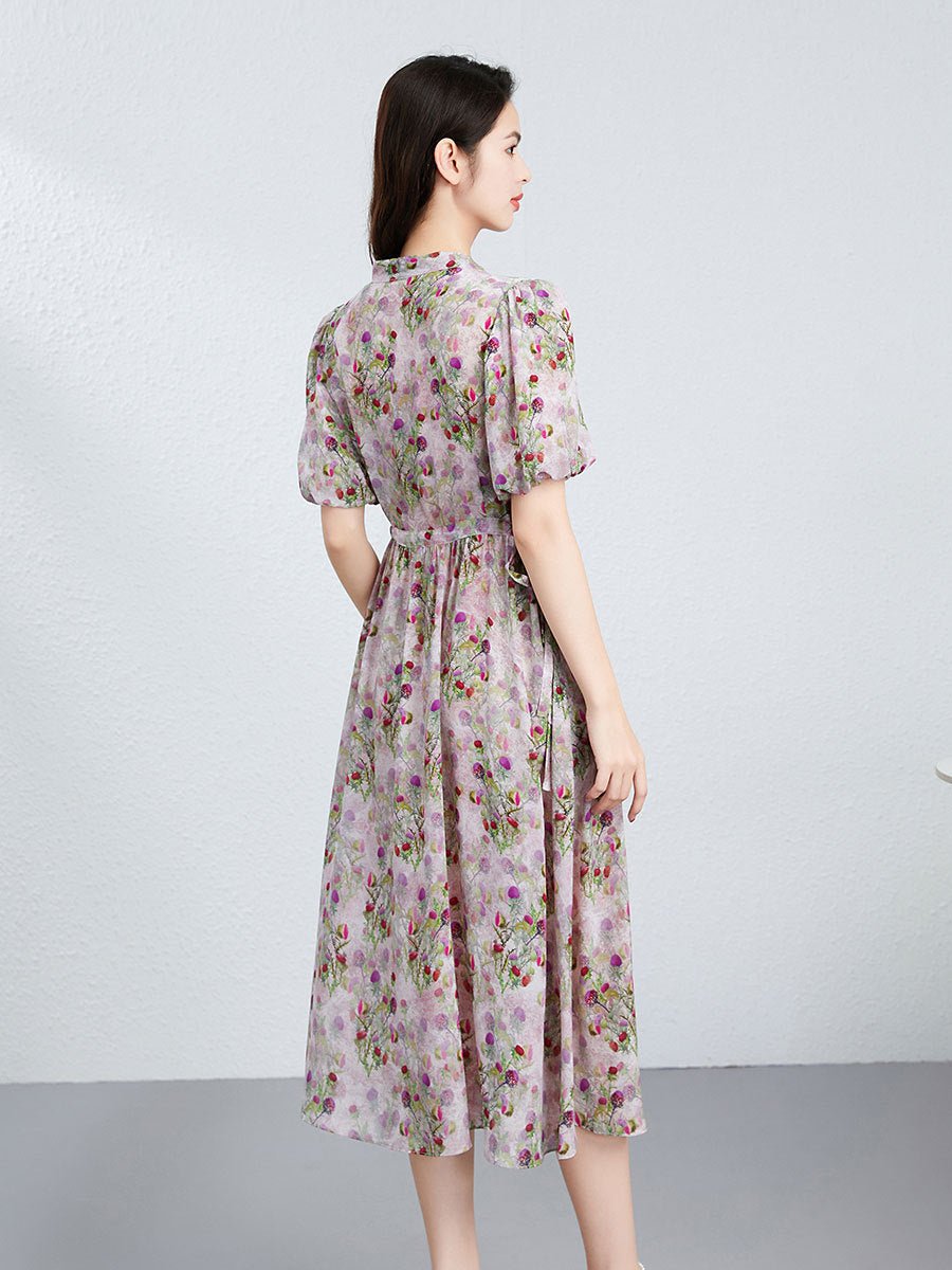 Womens Silk Midi Dress Wrap V - Neck Puff Sleeves Silk Floral Dress
