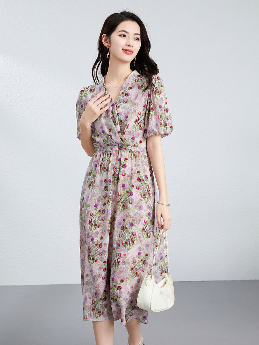 Womens Silk Midi Dress Wrap V - Neck Puff Sleeves Silk Floral Dress