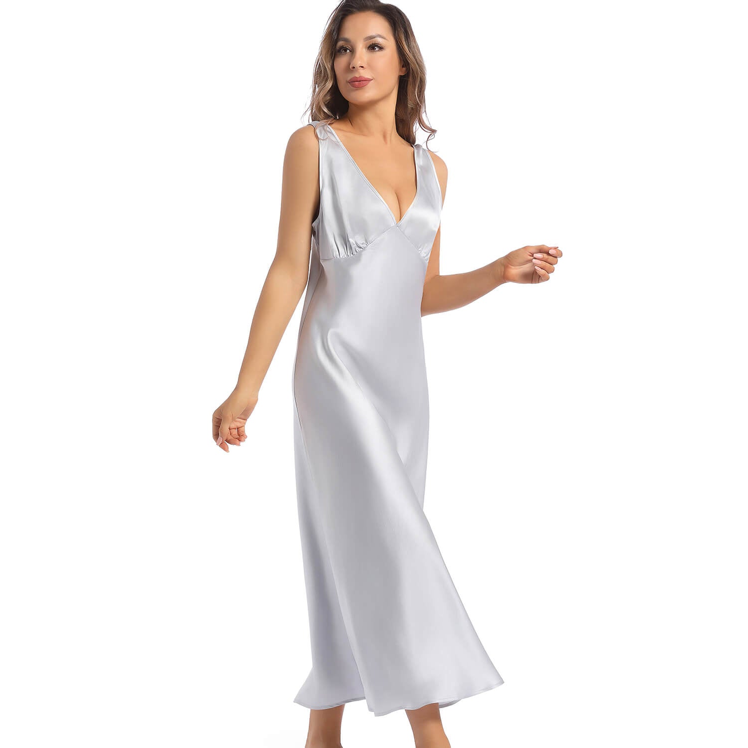 Womens Silk Nightgown Wide Strap V Neck Pure Silk Slip Dress