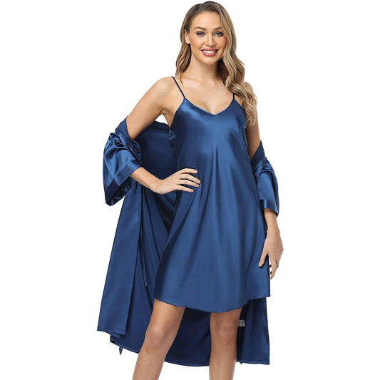 Women Silk Two Piece Sleepwear Silk Nightgown And Robe Set