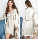 Silk Nightgown Robe Set with Flower Trimming For Ladies silk Nightwear Set -  slipintosoft