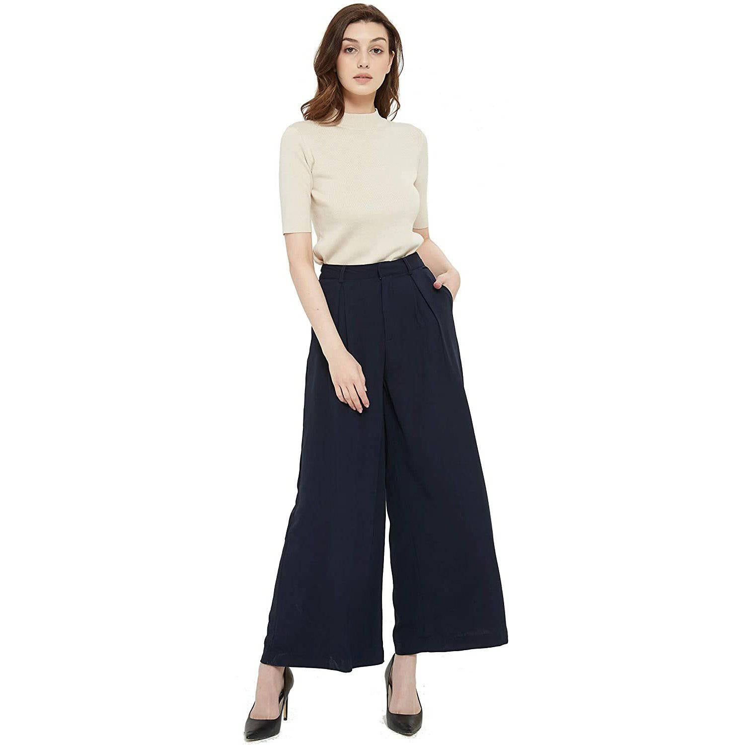 Women High Waist Casual Silk Wide Leg Long Palazzo Pants Trousers - slipintosoft