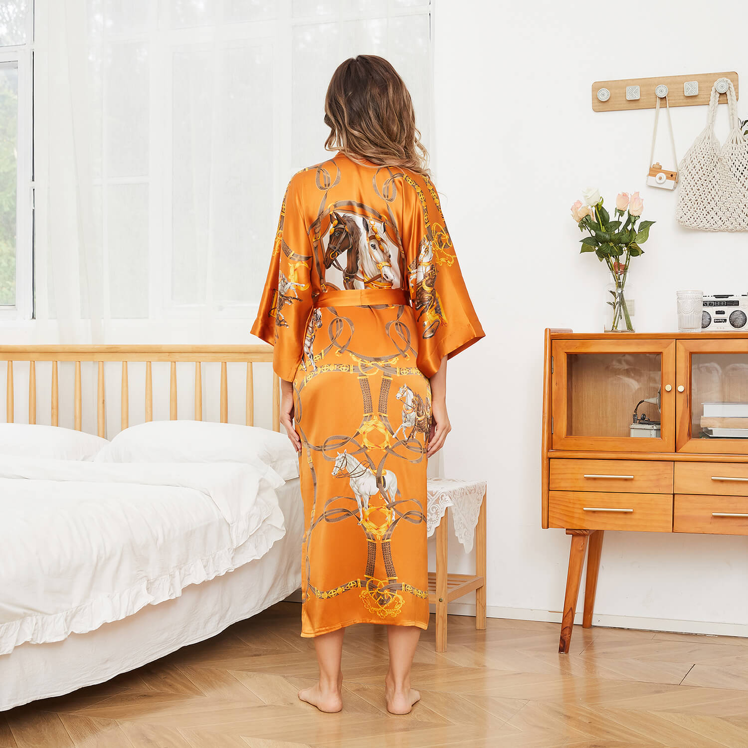 100% Long Mulberry Silk Kimono Robes Handpainted Hourse Luxury Women's Nightwear - slipintosoft