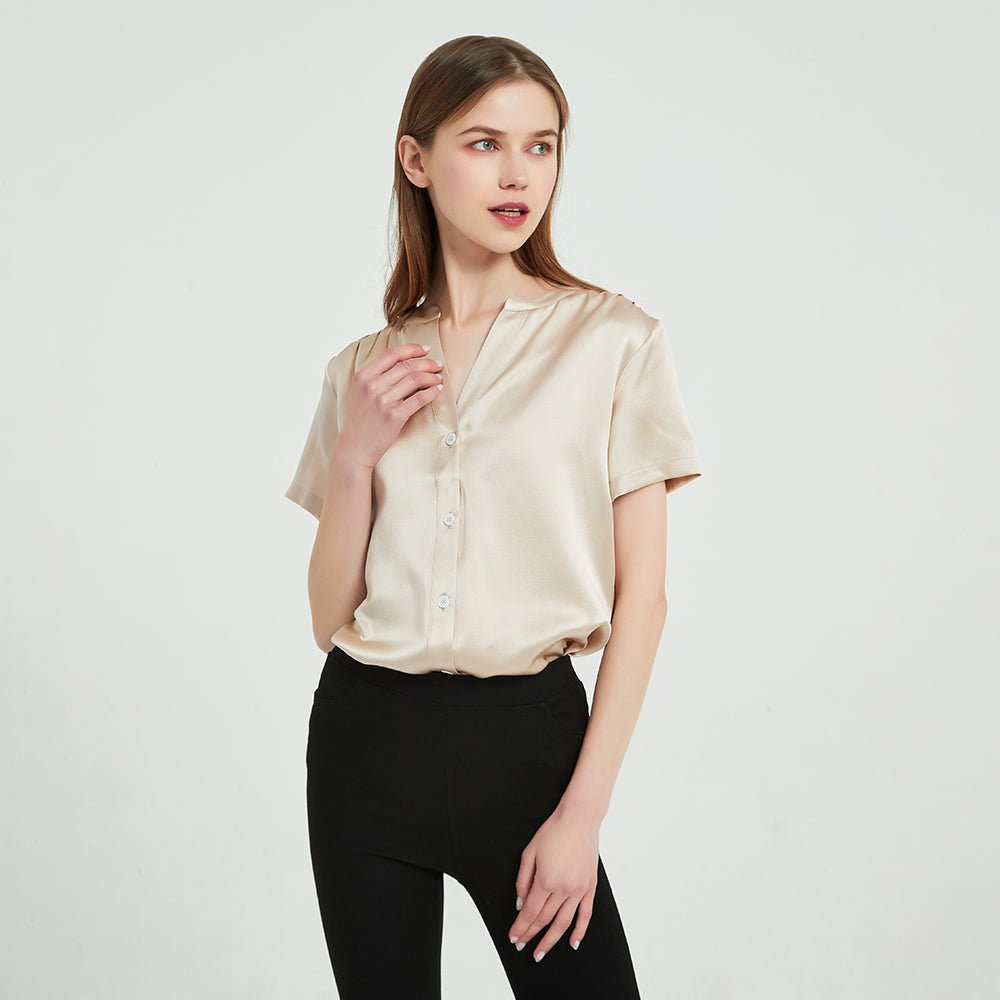 Women Short Sleeve Silk Blouse V Neck Silk Shirts Tops for Women - slipintosoft