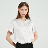 Women Short Sleeve Silk Blouse V Neck Silk Shirts Tops for Women - slipintosoft