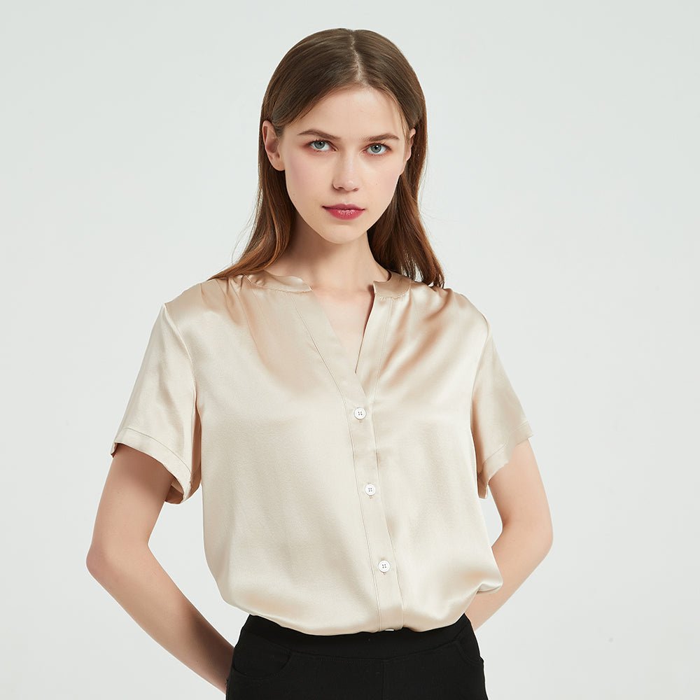 Women's Silk Shirts Short Sleeve V Neck 100% Pure Work Silk Tops