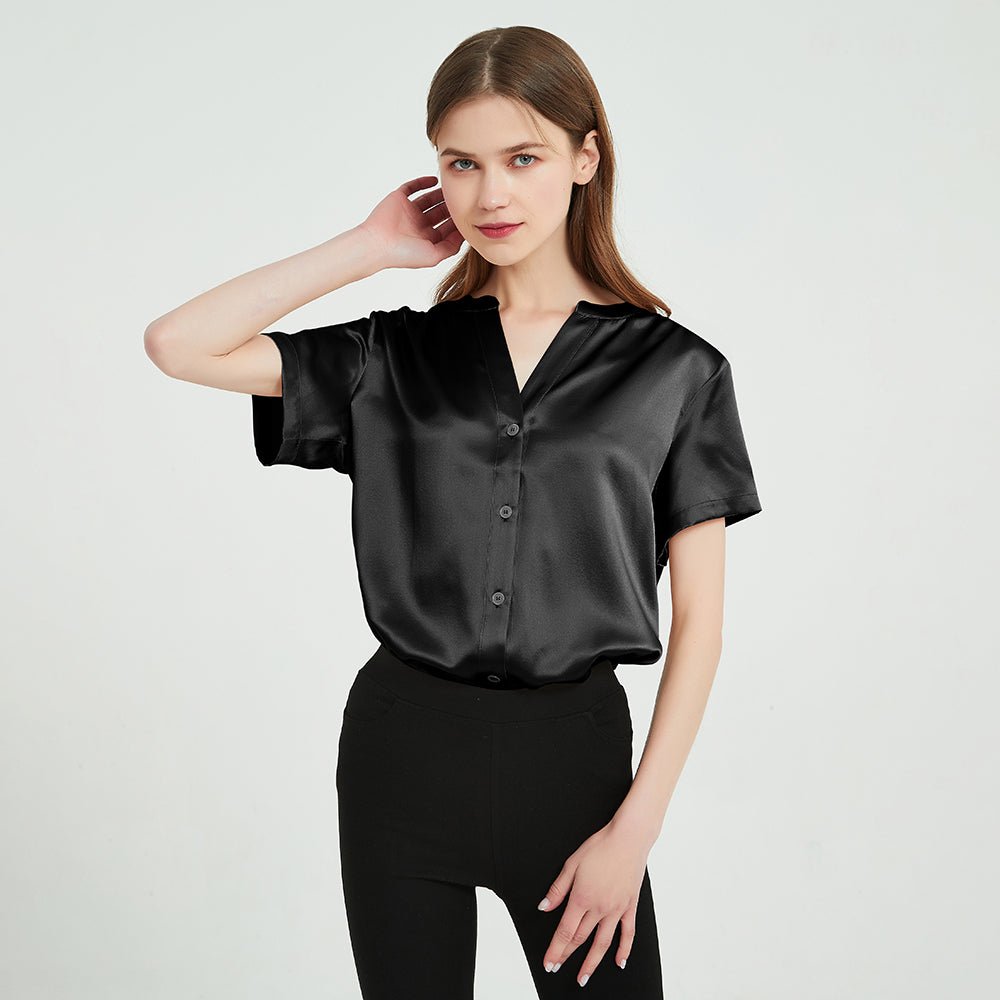 Women's Silk Shirts Short Sleeve V Neck 100% Pure Work Silk Tops