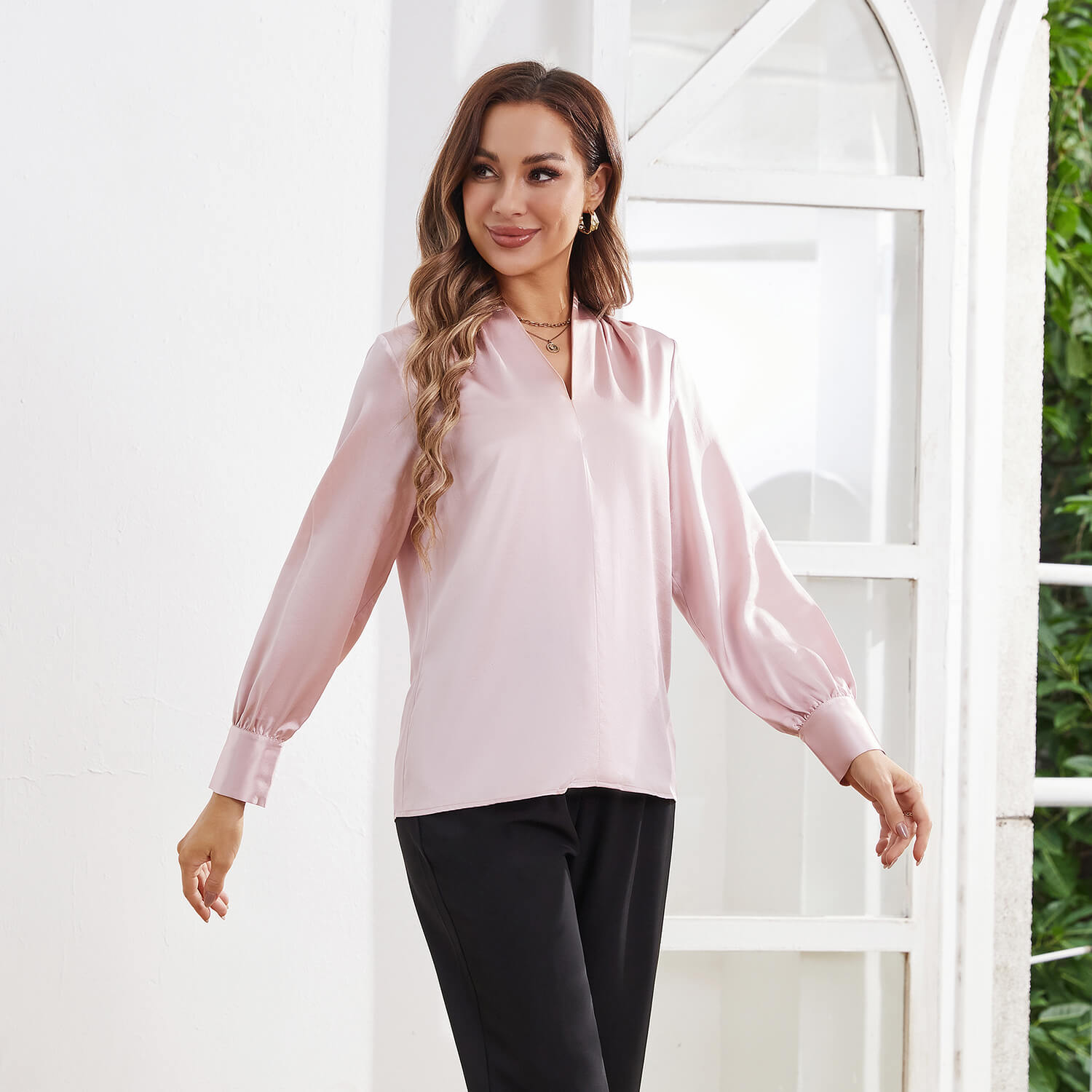 Women's Long Sleeves V Neck Silk Blouse - slipintosoft