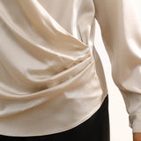 Women's Silk Wrap Tops Long Sleeves Loose Casual Work Silk Blouse