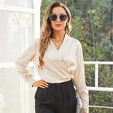 Women's Silk Wrap Tops Long Sleeves Loose Casual Work Silk Blouse