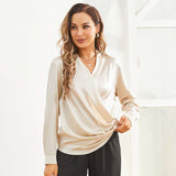 Women's Silk Wrap Tops Long Sleeves Loose Casual Work Silk Blouse