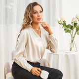 Women's Silk Wrap Tops Long Sleeves Loose Casual Work Silk Blouse