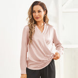 Women's Silk Wrap Tops Long Sleeves Loose Casual Work Silk Blouse