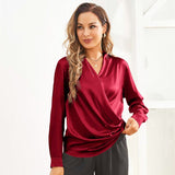 Women's Silk Wrap Tops Long Sleeves Loose Casual Work Silk Blouse