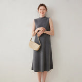 Womens Sleeveless Cashmere Dress Mock Neck Cashmere Knit Midi Dress Gray XS