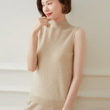 Womens Mock Neck Sleeveless Knit Cashmere Vest With Ribbed Hem