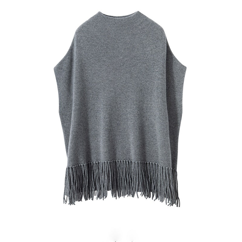 Women Sleeveless Pure Cashmere Sweater Cashmere Shawl Tassels