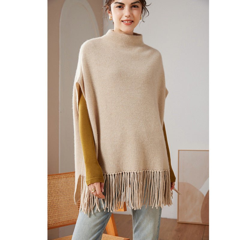 Women Sleeveless Pure Cashmere Sweater Cashmere Shawl Tassels