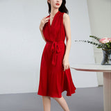 Womens Sleeveless Silk Midi Dress V Neck Silk Wrap Dress with Waist Tie Red XS
