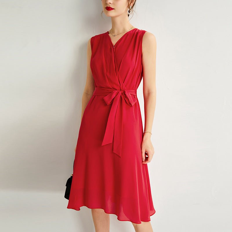 Womens Sleeveless Silk Wrap Midi Dress Flowing Hem Silk Dress
