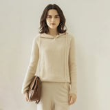 Womens Ribbed Cashmere Hoodie Buttoned Neckline Cashmere Hoody