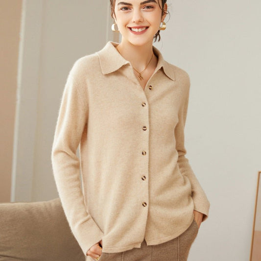 Women's Solid Color 100% Cashmere Button-Down Polo-Neck Cardigan - slipintosoft