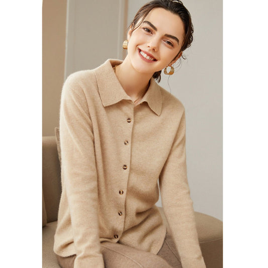 Womens Classic Button - Up Lapel Neck Cashmere Cardigan Ribbed Cuffs