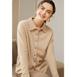 Women's Solid Color 100% Cashmere Button-Down Polo-Neck Cardigan - slipintosoft