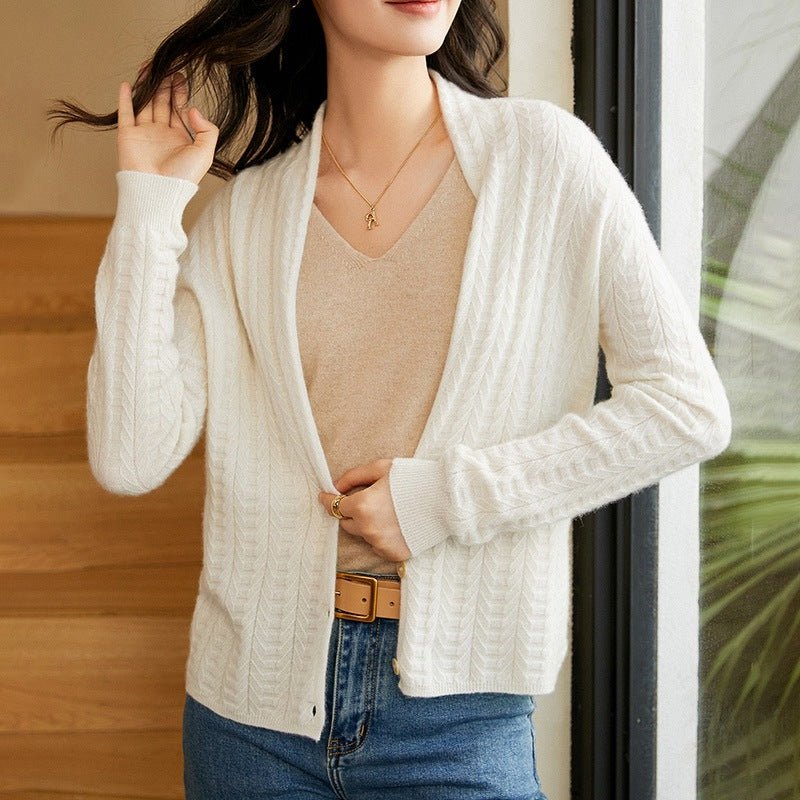 Womens V - Neck Cable Knit Cashmere Cardigan With Button Closure