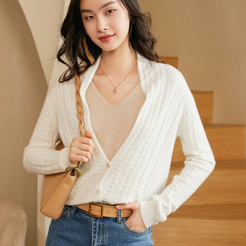 Womens V - Neck Cable Knit Cashmere Cardigan With Button Closure