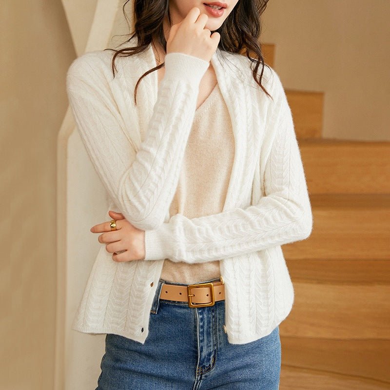 Womens V - Neck Cable Knit Cashmere Cardigan With Button Closure