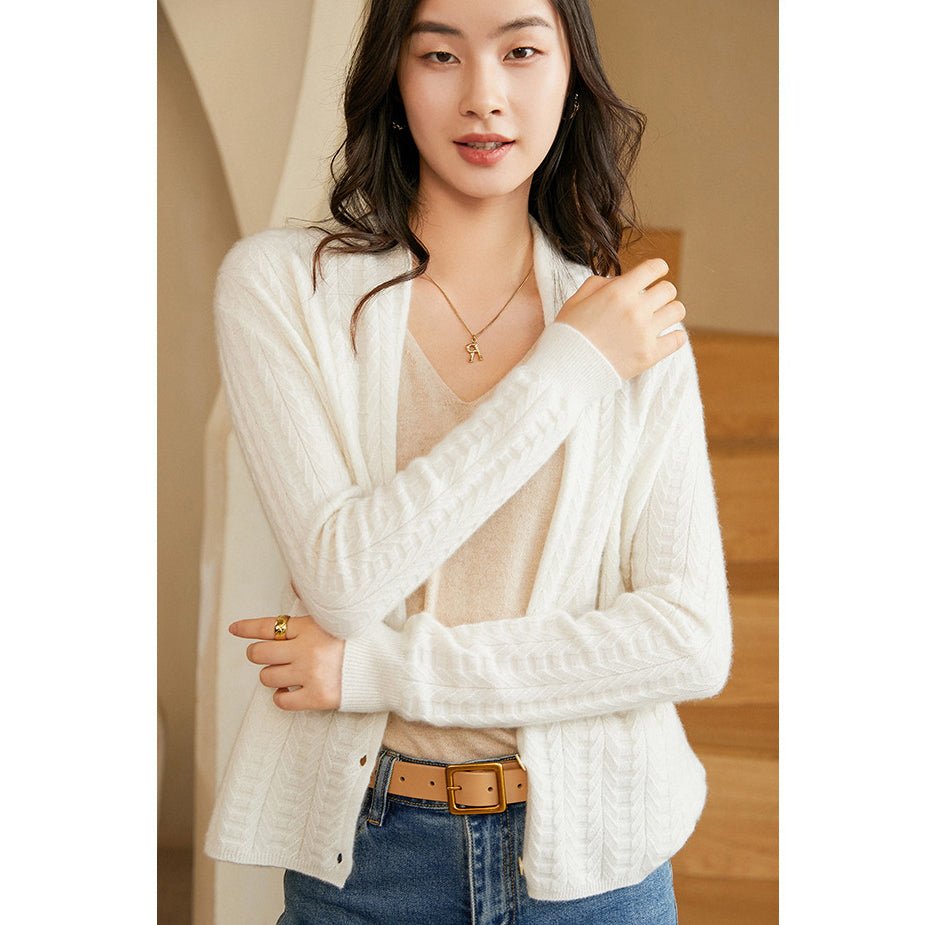 Womens V - Neck Cable Knit Cashmere Cardigan With Button Closure