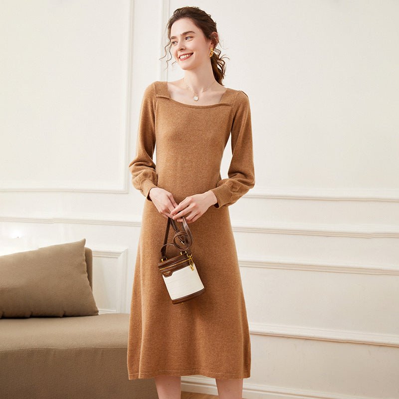 Women Cashmere Knit A - Line Dress Lantern Sleeve Square Neck Midi Dress