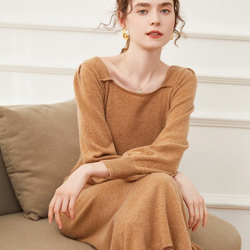 Women Cashmere Knit A - Line Dress Lantern Sleeve Square Neck Midi Dress